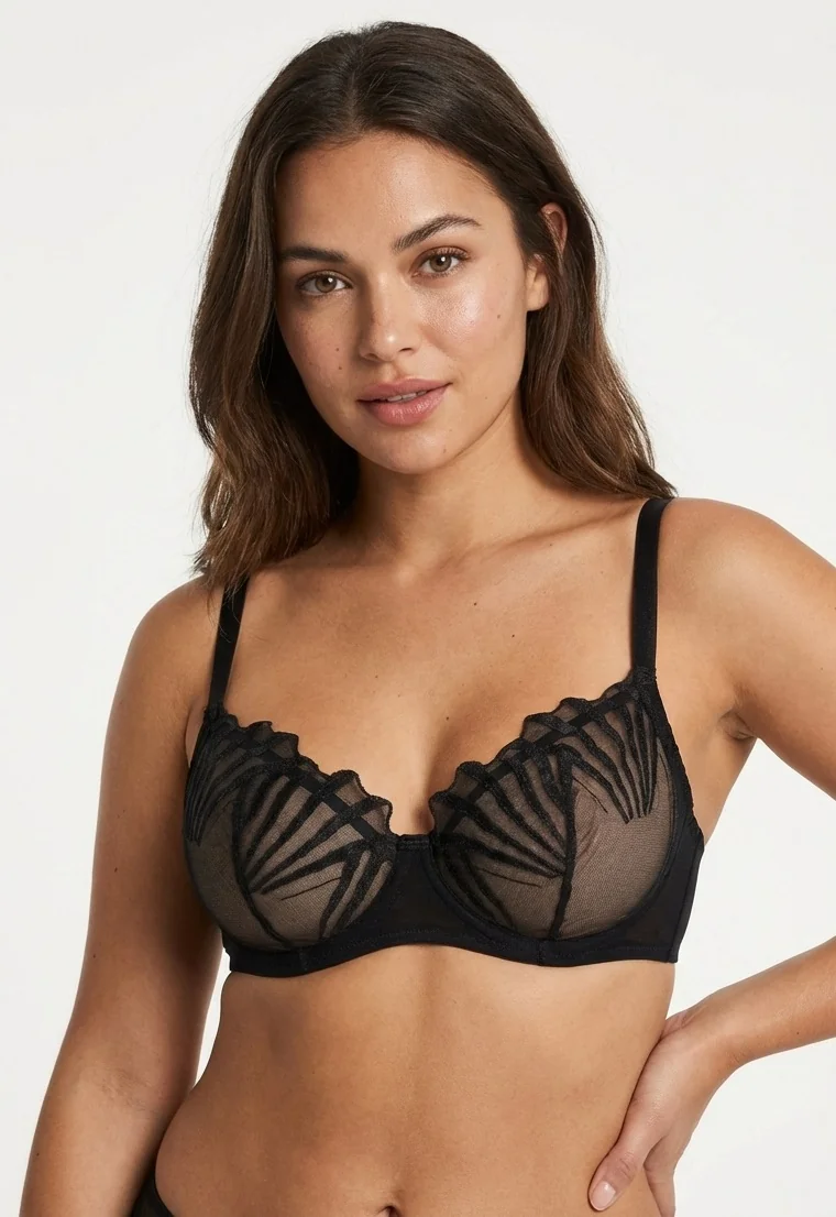 LunaIntim Desteksiz Siyah Balenli Sütyen Transparan Brodeli Şık Model - Model Üzerinde